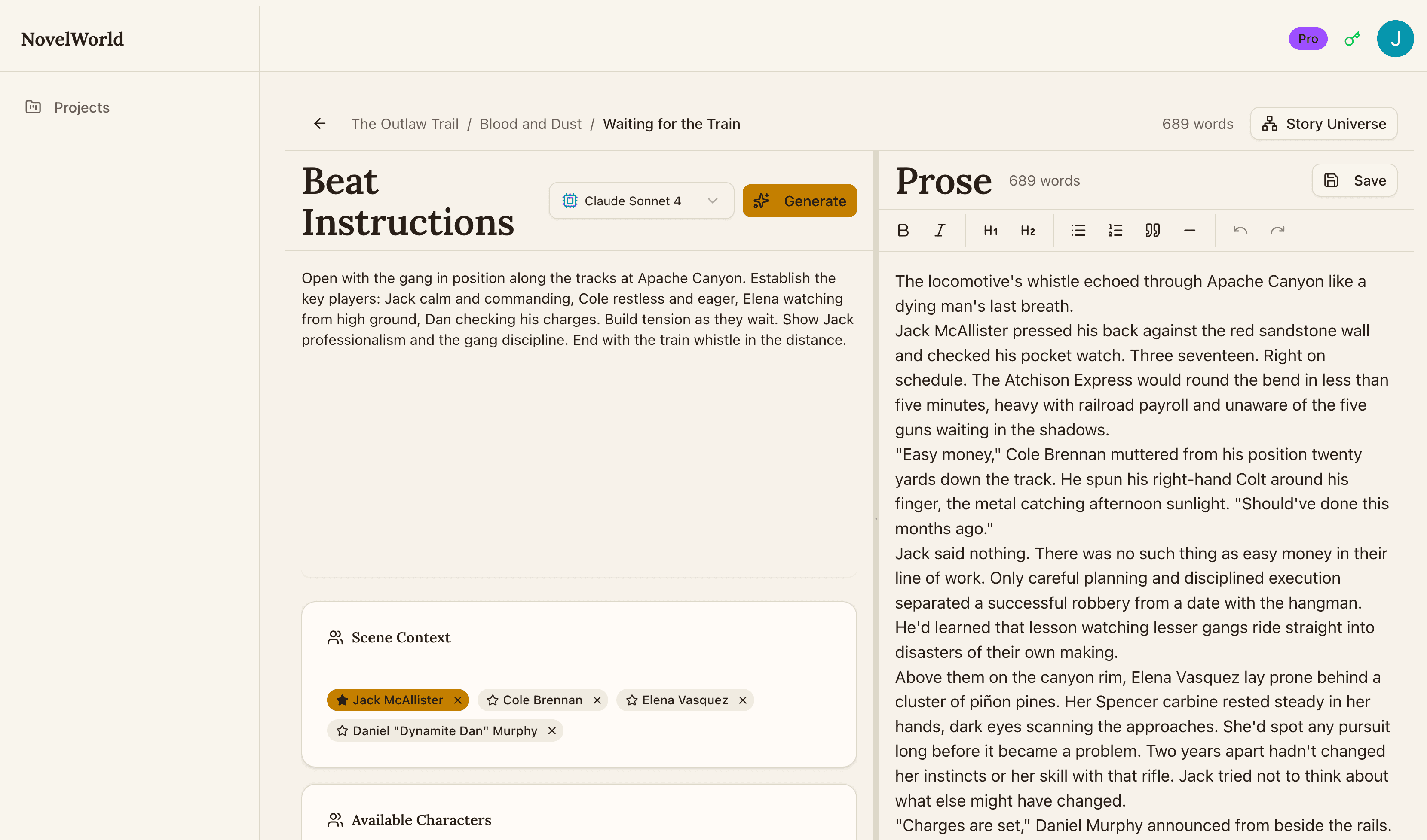 Scene writing editor with AI assistance