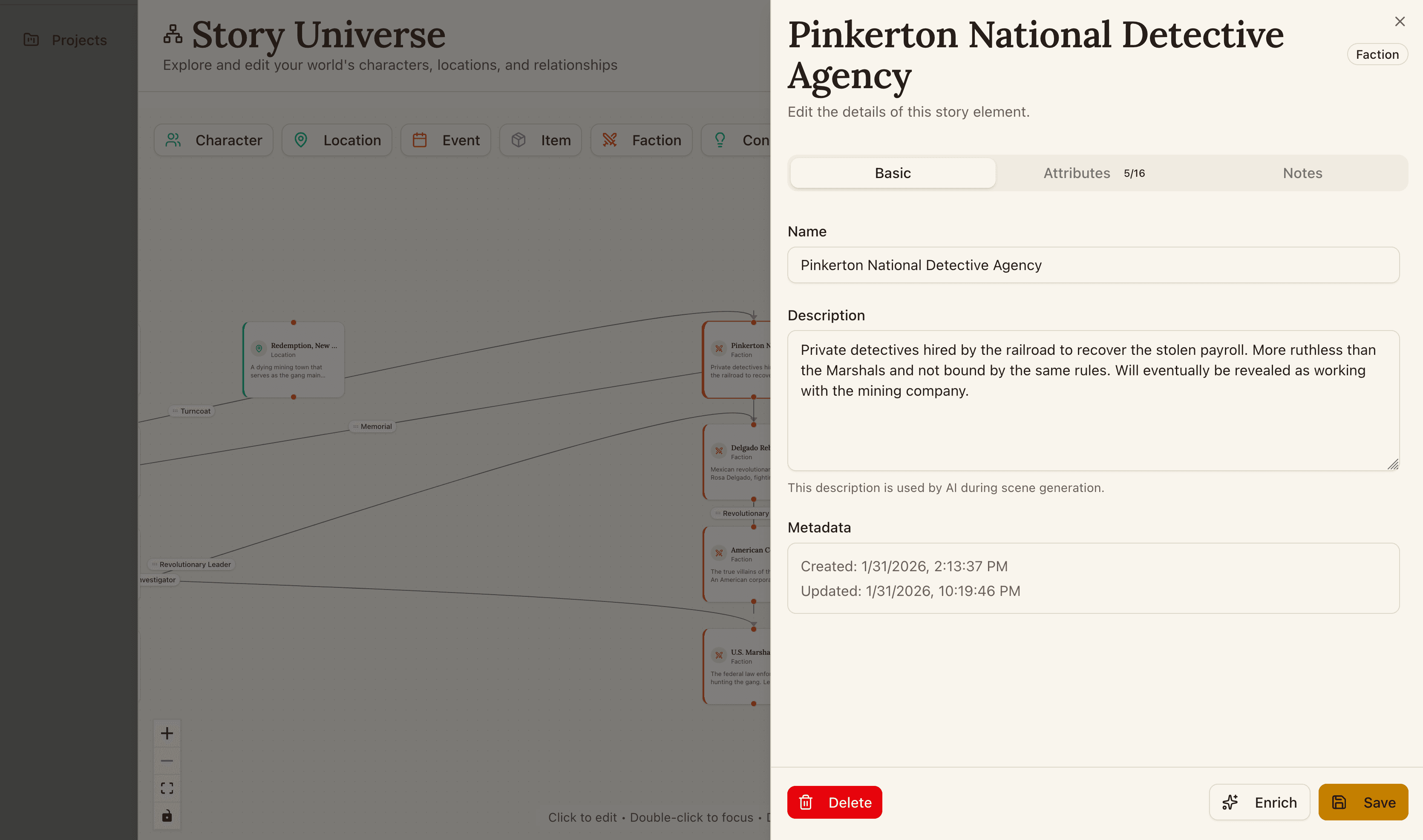 Creating detailed character and story nodes